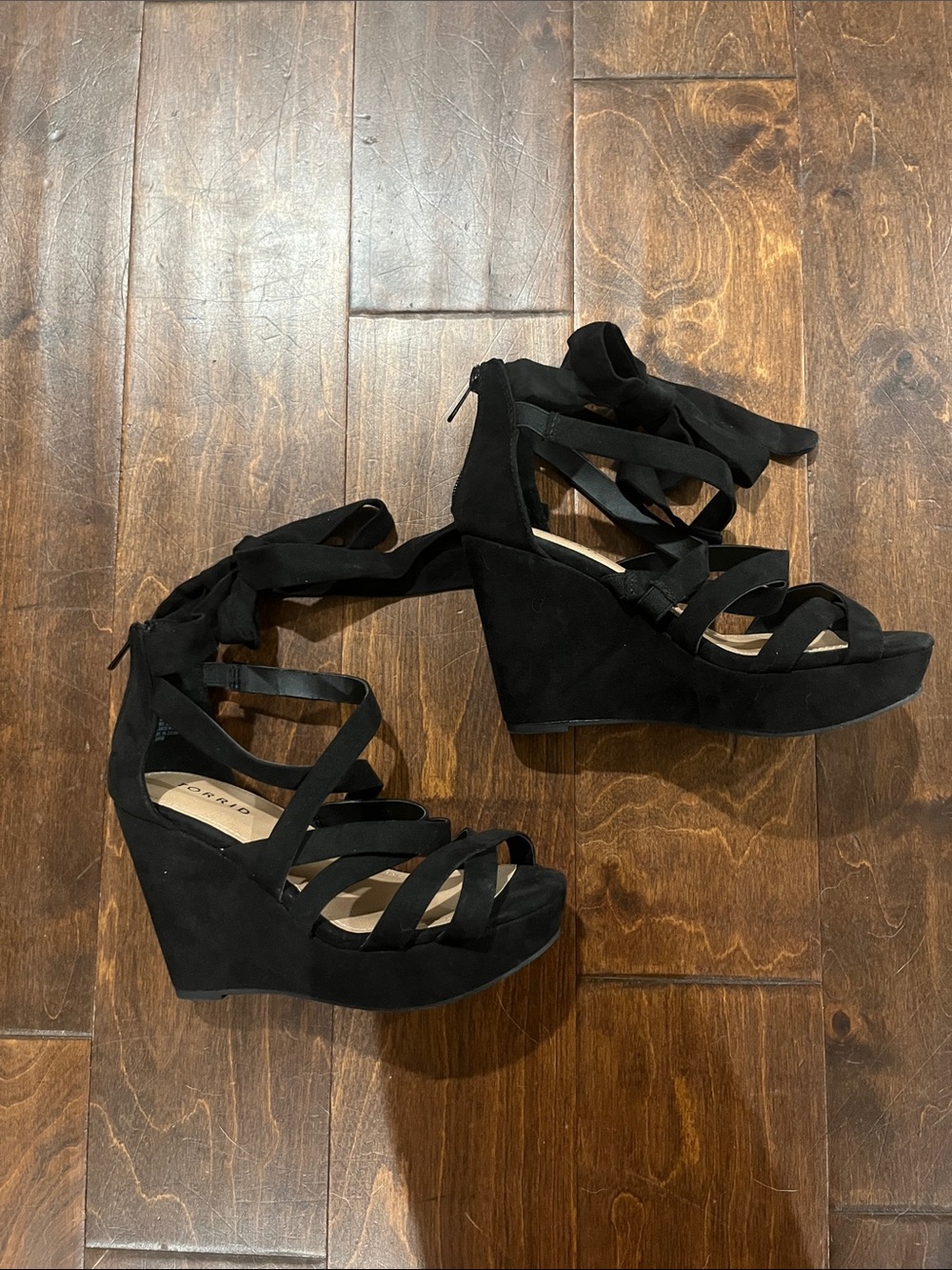 Torrid Black Suede Strappy Lace-Up Ankle-Wrap wedge sandals size WW 6.5